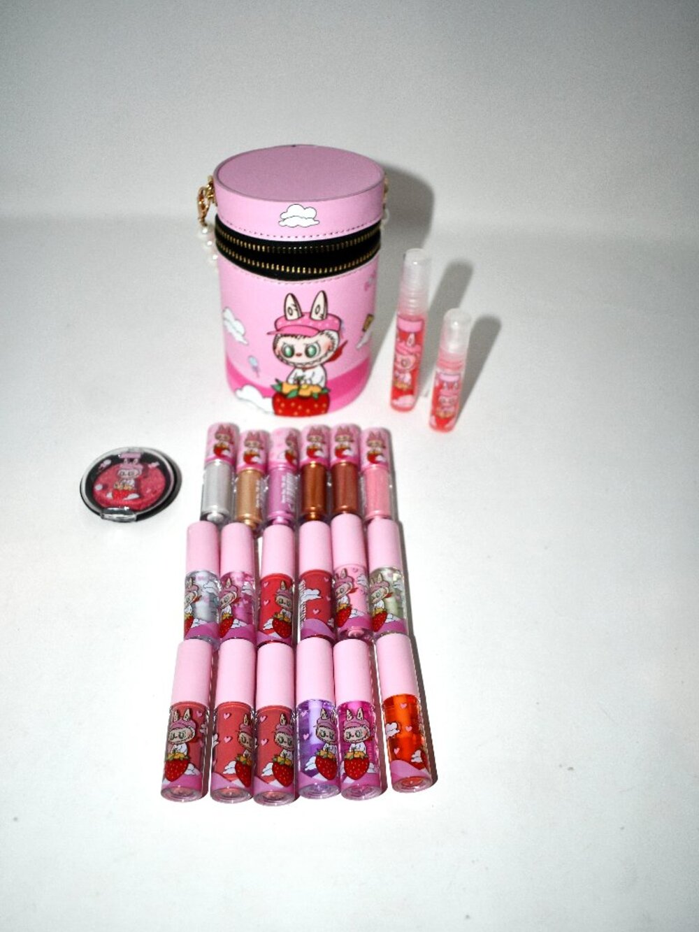 Pink Bunny Strawberry Cosmetic Bag Lip Gloss Makeup Gift Set 22 Pc Pearl Strap N